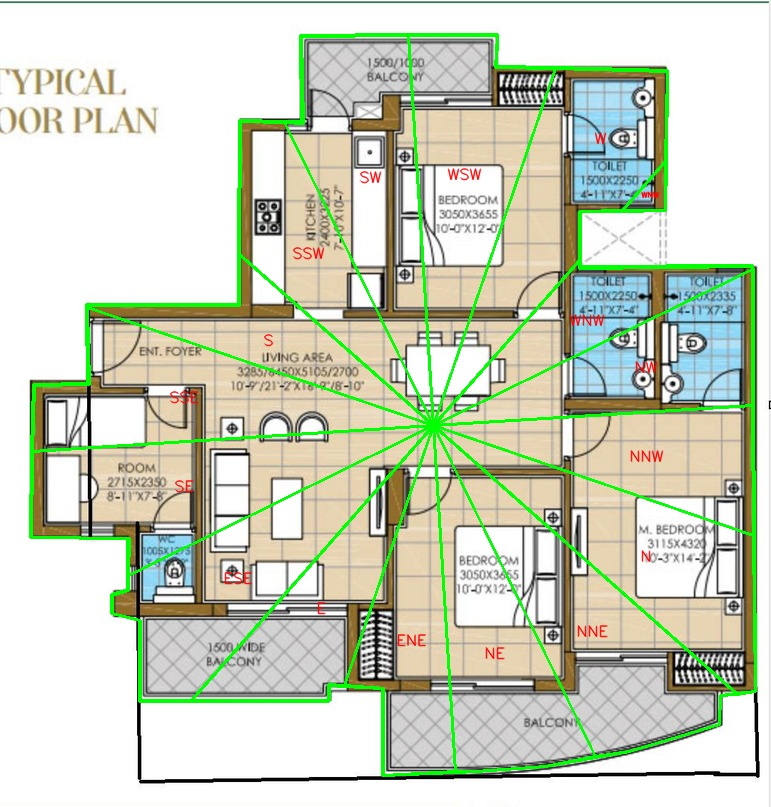 Sample Vastu floor plan analysis with directional grid overlay